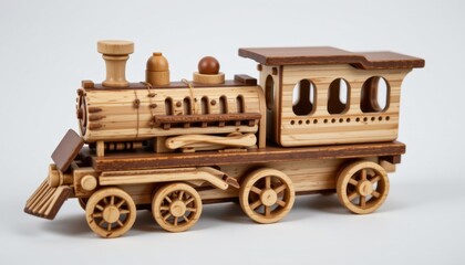 Wooden toy train model creative craft workshop product display studio setting close-up view artistry and design