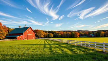 Obraz premium Serene autumn landscape with red barn and blue sky rural farm nature photography tranquil environment wide angle view