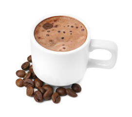 Aromatic coffee in cup and beans isolated on white