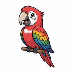 Cartoon illustration of a colorful scarlet macaw parrot perched on a branch with a white background perfect for education and design
