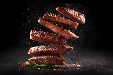 Meat strips floating in mid-air on black background. E-commerce photo