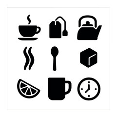 Mindful Tea Icons. Solid, filled icons set of mindful tea time at work: teacup icon, tea bag, kettle icon,