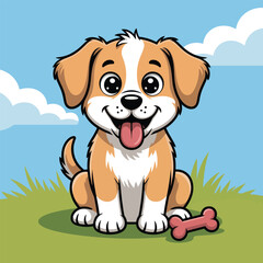 Cheerful cartoon puppy sitting on grass next to a bone cute smiling dog illustration perfect for children's books and pet related projects