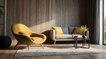 Modern room interior with big armchair and console table with decor near wall with sunlight
