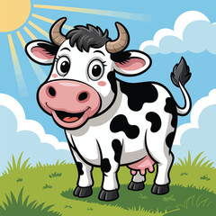 Cheerful cartoon cow smiling and standing in a sunny meadow perfect for children's books or educational materials farm animal concept