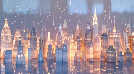 Fototapeta premium Midtown New York skyline with glowing spires and reflections beneath a starlit night sky.