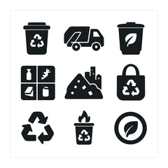 Sustainable Waste Icons. Solid, filled icons set of sustainable waste management in cities: recycling bin,