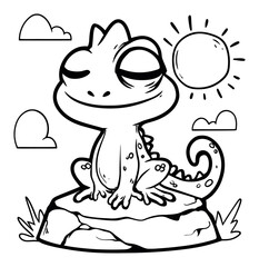 Obraz premium Cute Cartoon Lizard Sitting on Rock in Sun with Clouds and Grass Background