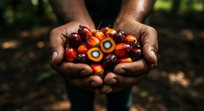 Man hands holding fresh palm oil fruit harvested from a tropical plantation