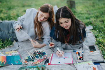 Two teenage girls enjoying creativity together, lying on a blanket in a picturesque outdoor...