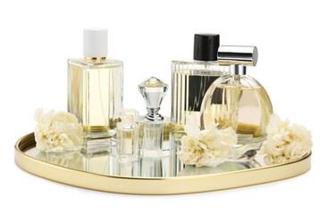 Many different perfume bottles and flowers isolated on white