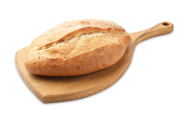 Loaf of fresh bread and wooden board isolated on white