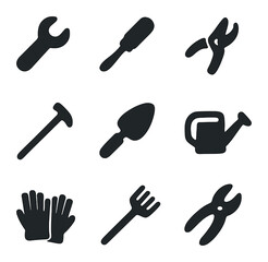 Obraz premium Garden Tool Icons. Solid, filled icons set of fixing garden tools: wrench icon, screwdriver icon, pruning