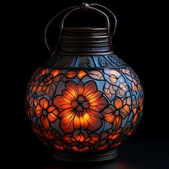 Ornate, flower-detailed lantern.  Intricate stained-glass floral design.  Warm glowing interior.  Elegant, decorative
