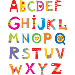 ABC. vector flower font. Alphabet design in a colorful style. Decorative letters with hearts.  Love alphabet vector Illustration. 