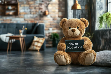 Teddy bear holding a tiny "You're Not Alone" sign, A cozy interior scene featuring a teddy bear holding a sign reading 'You're Not Alone', promoting comfort and companionship.