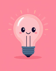 A cute cartoon lightbulb radiating warm, A cute cartoon light bulb character with a happy face, glowing softly against a bright pink background, perfect for creative designs.
