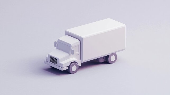 Low-poly white delivery truck model on a pale purple background, simple design, isometric perspective