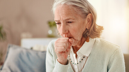 Senior, sick woman and cough with viral infection for chronic illness, influenza or virus at home....