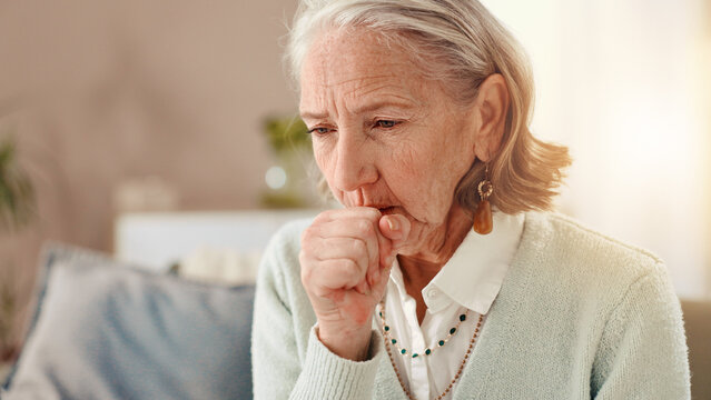 Senior, sick woman and cough with viral infection for chronic illness, influenza or virus at home. Elderly, female person or cold with hayfever, bronchitis or flu symptoms for lung disease or sinus - Powered by Adobe