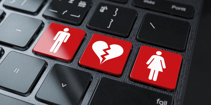 Close-up of keyboard keys, red buttons showing male, female figures and broken heart, symbolizing online relationship breakup, digital heartbreak, modern romance challenges