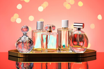 Many different perfume bottles on mirror surface against coral background with blurred lights,...