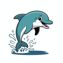 Playful cartoon dolphin jumping out of water with smile in blue and white design illustration for aquatic theme