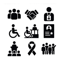Community Inclusion Icons. Solid, filled icons set of community inclusion for disabilities: group icon,
