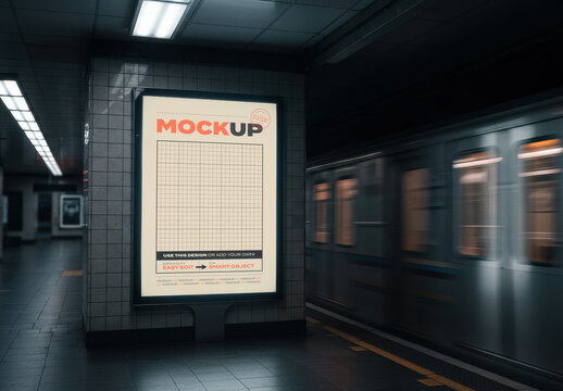 Vertical Subway Station Backlight Sign Advertising Billboard Mockup