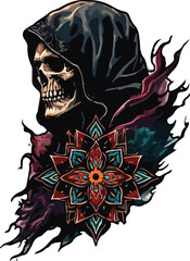 Grim Reaper Tattoo Art Design with Mandala Art Concept – Perfect for Tattoo, T-Shirt Design, Print, Wall Art, Poster or Digital Stickers. Editable vector