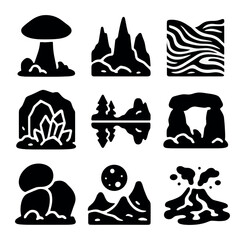 Surreal Landscape Icons. Solid, filled icons set of surreal landscapes and unique geological formations: