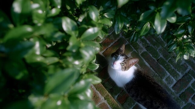 A curious cat resting among lush green leaves. The light dances upon the fur, highlighting its beauty and playfulness. This image captures a moment of tranquility in nature. AI