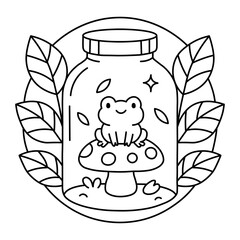 Cute Frog Sitting on Mushroom in Glass Jar with Leaves - Line Art Illustration