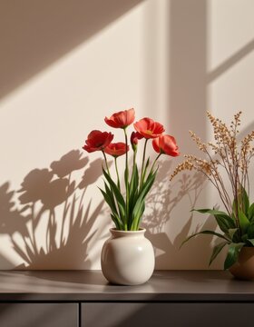 chic display of nerines in a minimalist style, using pale crimson and sand tones colors, soft shadows, clean contours, sleek design, high resolution