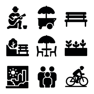 Urban Spaces Icons. Solid, filled icons set of shared urban spaces: street musician, food cart, public bench,
