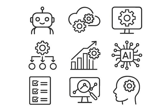 AI and Technology Icon Set: A modern and cohesive collection of line art icons representing Artificial Intelligence (AI), data, and technological advancements. Perfect for web design, presentations.