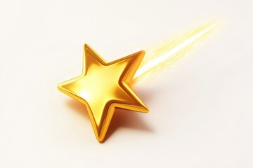 Fototapeta premium A golden, three-dimensional star shoots across a white background, leaving a luminous trail