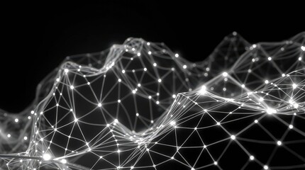 Abstract digital landscape with interconnected nodes and lines in a dark background