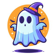 Happy ghost wearing witch hat. Halloween party banner with ghost. Cute funny happy spirit icon. Halloween phantom design. Cute cartoon spirit. Cute cartoon spirit. Vector illustration. Spooky design