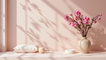 chic display of oleander in a minimalist style, using soft pink and linen tones colors, soft shadows, clean contours, sleek design, high resolution