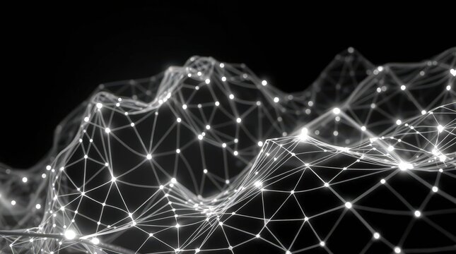 Abstract digital landscape with interconnected nodes and lines in a dark background