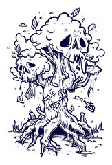Obraz premium Haunted Skull Tree Illustration with Creepy Modern Elements in Black and White