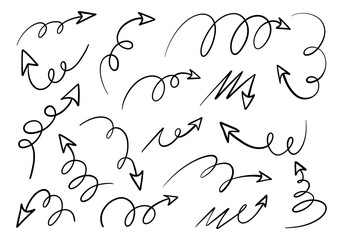 Freeform Curly Arrow Hand Drawn Doodle. A dynamic collection of seventeen curly arrows in hand drawn style featuring loops spirals swirls and scribbles for motion flow. Perfect for sketchy highlights