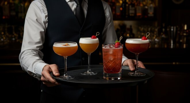 Bartender in a black vest holding a tray with four colorful cocktails in an upscale bar