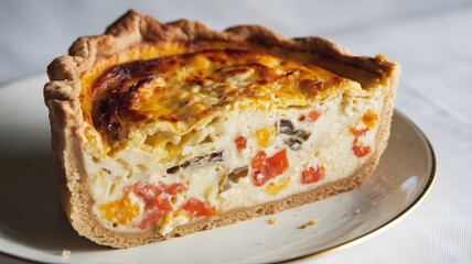 A bakery-fresh quiche slice with melted cheese on a clean white background – quiche wallpaper – bakery wallpaper – quiche image

