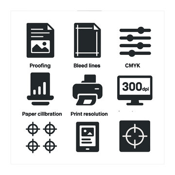 Prepress Icon Set. Solid, filled icons set of prepress preparation: proofing sheet, bleed lines, CMYK sliders,
