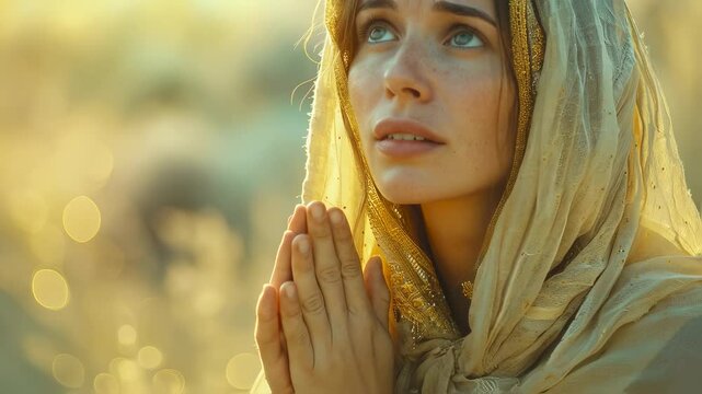 Woman praying with folded hands, looking up toward the light, a concept of faith, hope, and spirituality. Religious video.