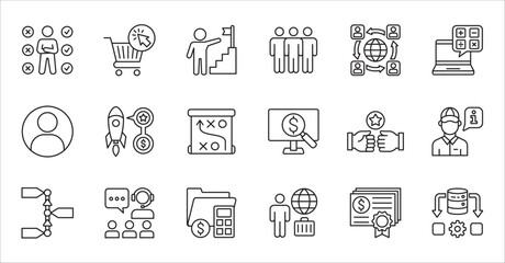 Business company and Management icon set. Contains symbol of teamwork, target, market, global, success, customer service, leadership, holiday, asset, meeting, entrepreneur. Vector illustration