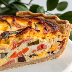 A close-up of a vegetable quiche slice in sharp detail on a white background – quiche wallpaper – bakery wallpaper – quiche image

