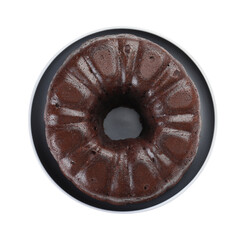 Tasty chocolate bundt cake isolated on white, top view
